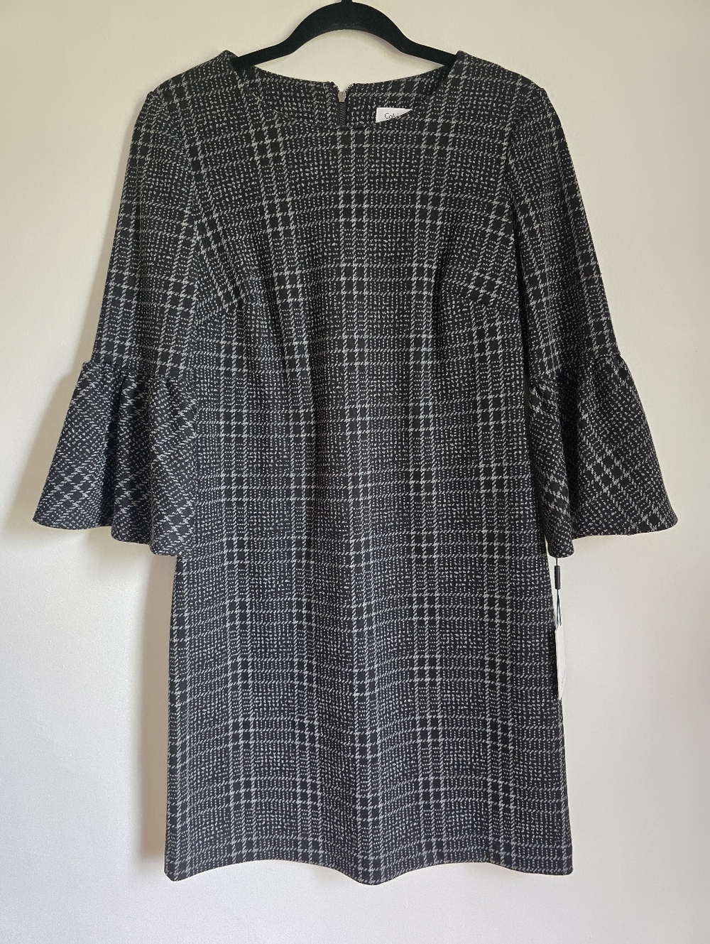 Calvin Klein Womens Bell Sleeve Black White Houndstooth Plaid Dress